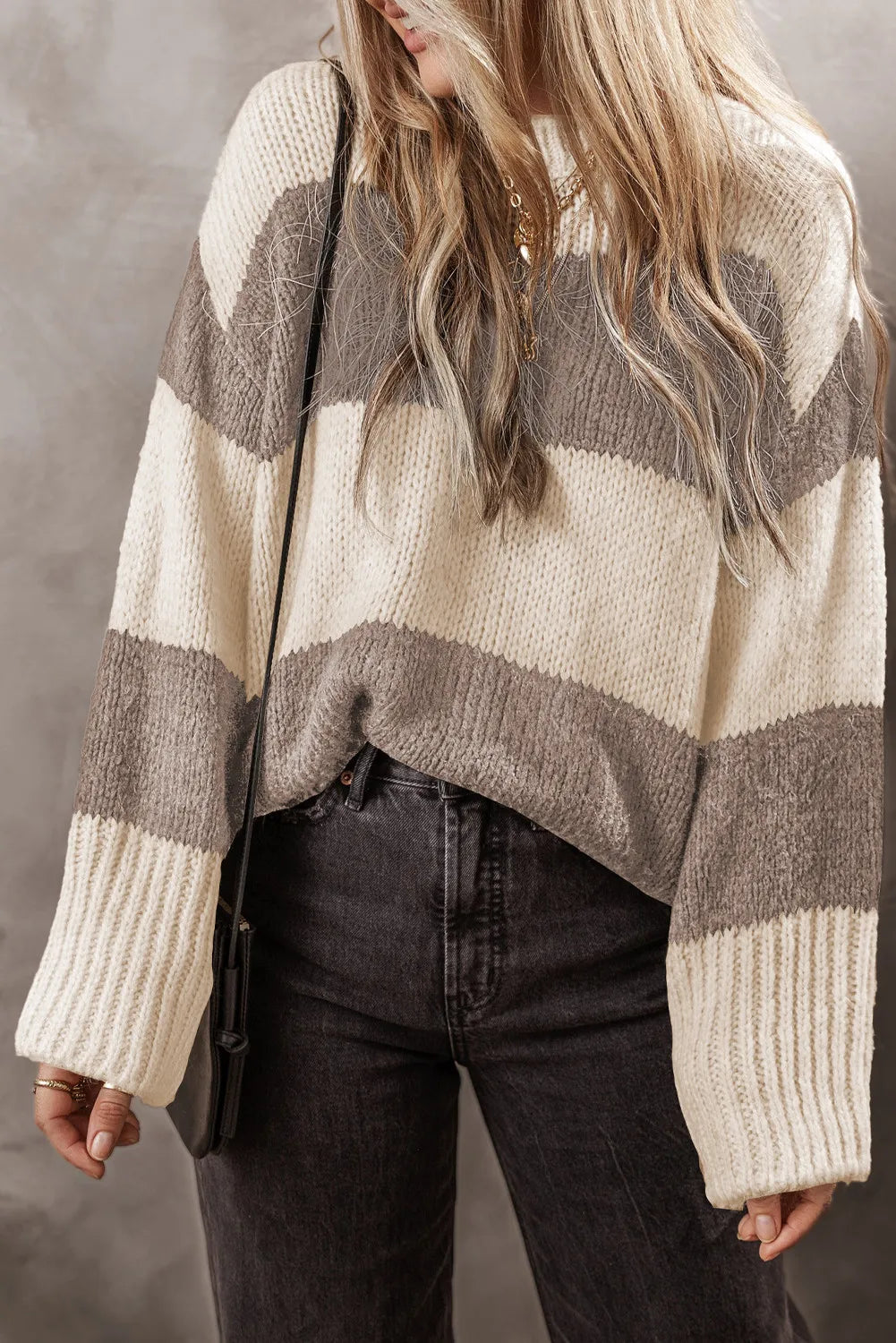 Color Block Round Neck Sweater - Mocha / 2XL