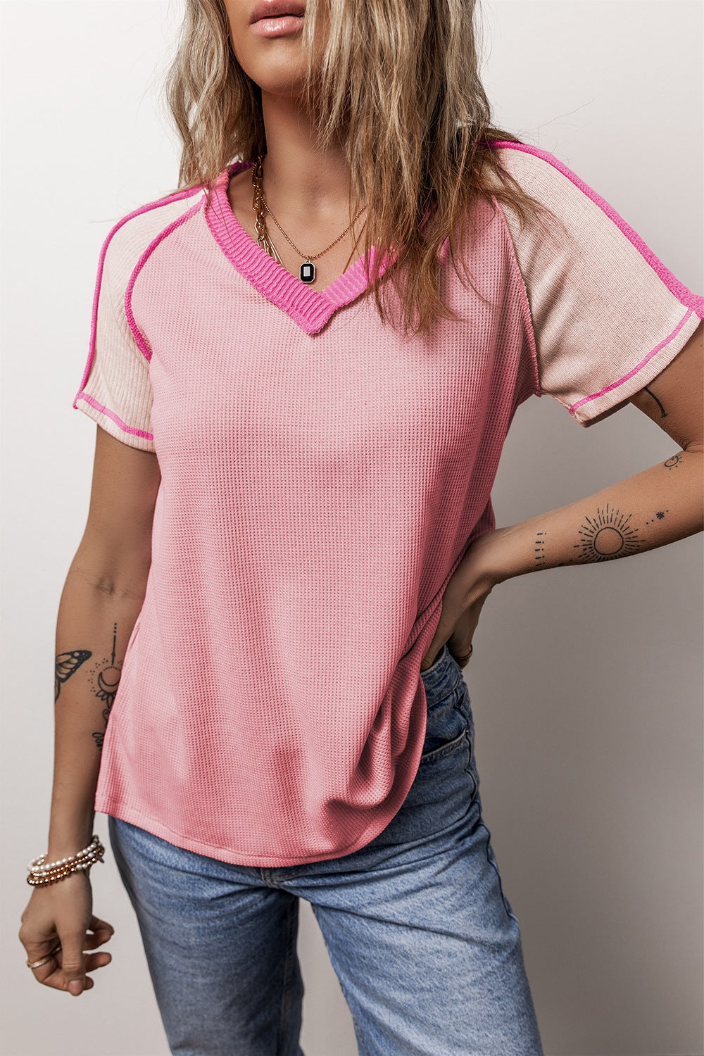 Color Block V-Neck Short Sleeve T-Shirt - Dusty Pink / S