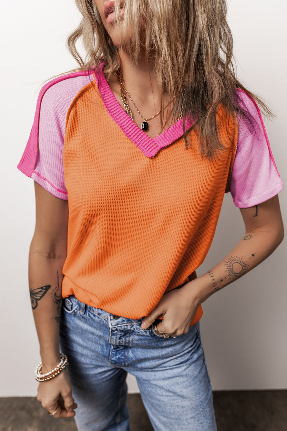 Color Block V-Neck Short Sleeve T-Shirt - Orange / S