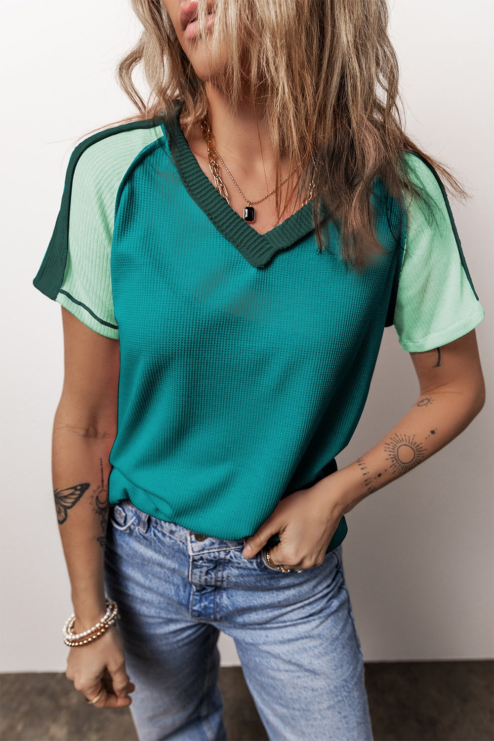 Color Block V-Neck Short Sleeve T-Shirt - Turquoise / S