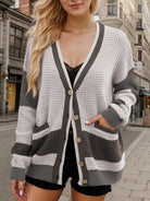 Contrast Button Up Long Sleeve Cardigan - Dark Gray / S