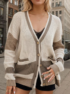 Contrast Button Up Long Sleeve Cardigan - Khaki / S