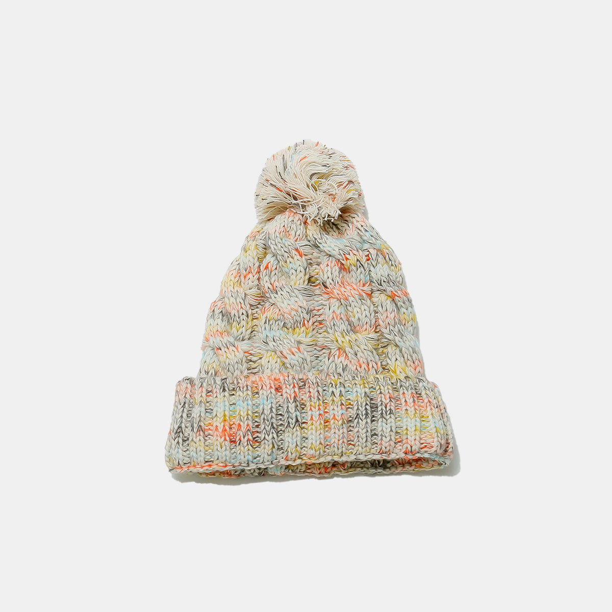 Contrast Cable-Knit Hat with Pompom - Beige / One Size