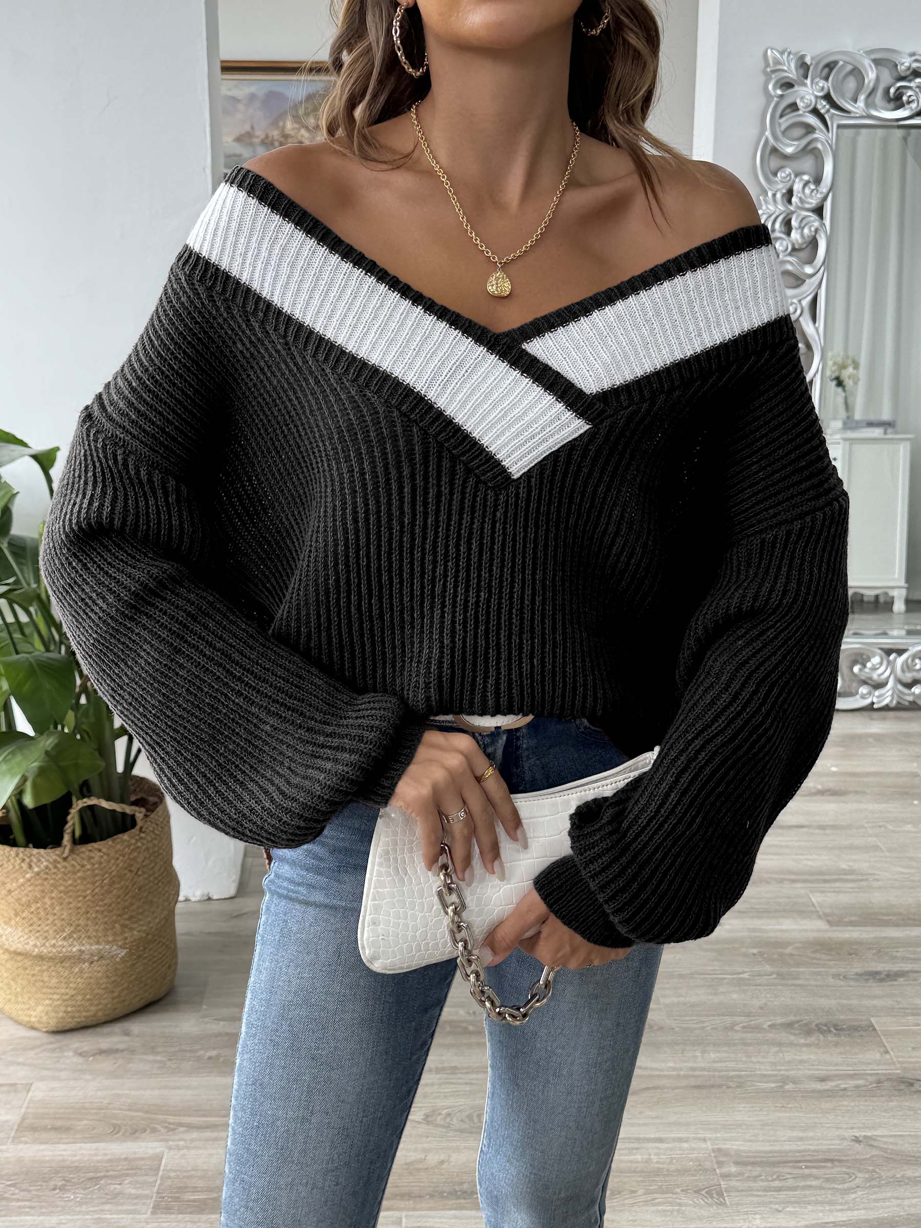 Contrast Dropped Shoulder Long Sleeve Sweater - Black / S