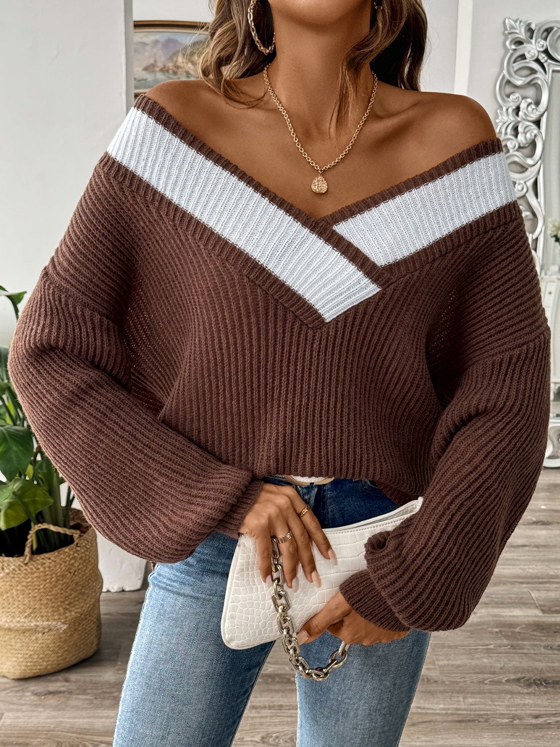 Contrast Dropped Shoulder Long Sleeve Sweater - Chocolate / S