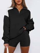 Contrast Quarter Zip Long Sleeve Sweatshirt - Black / S