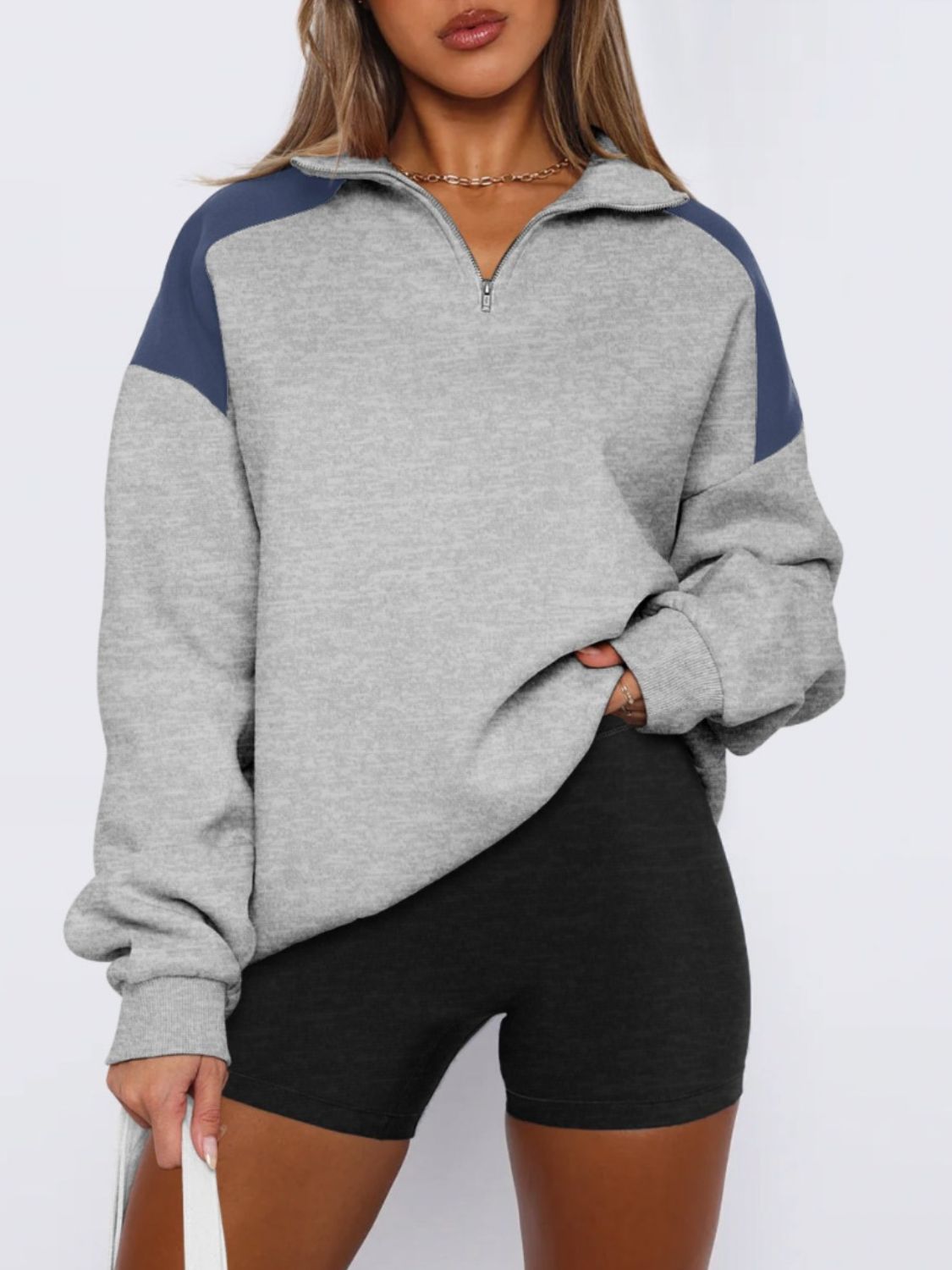 Contrast Quarter Zip Long Sleeve Sweatshirt - Gray / S