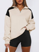 Contrast Quarter Zip Long Sleeve Sweatshirt - Tan / S