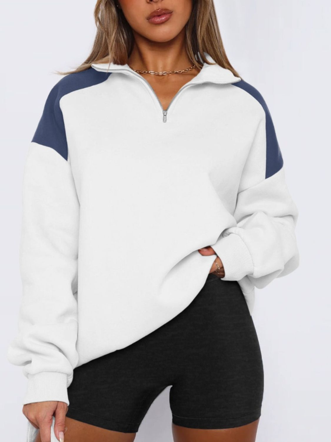 Contrast Quarter Zip Long Sleeve Sweatshirt - White / S