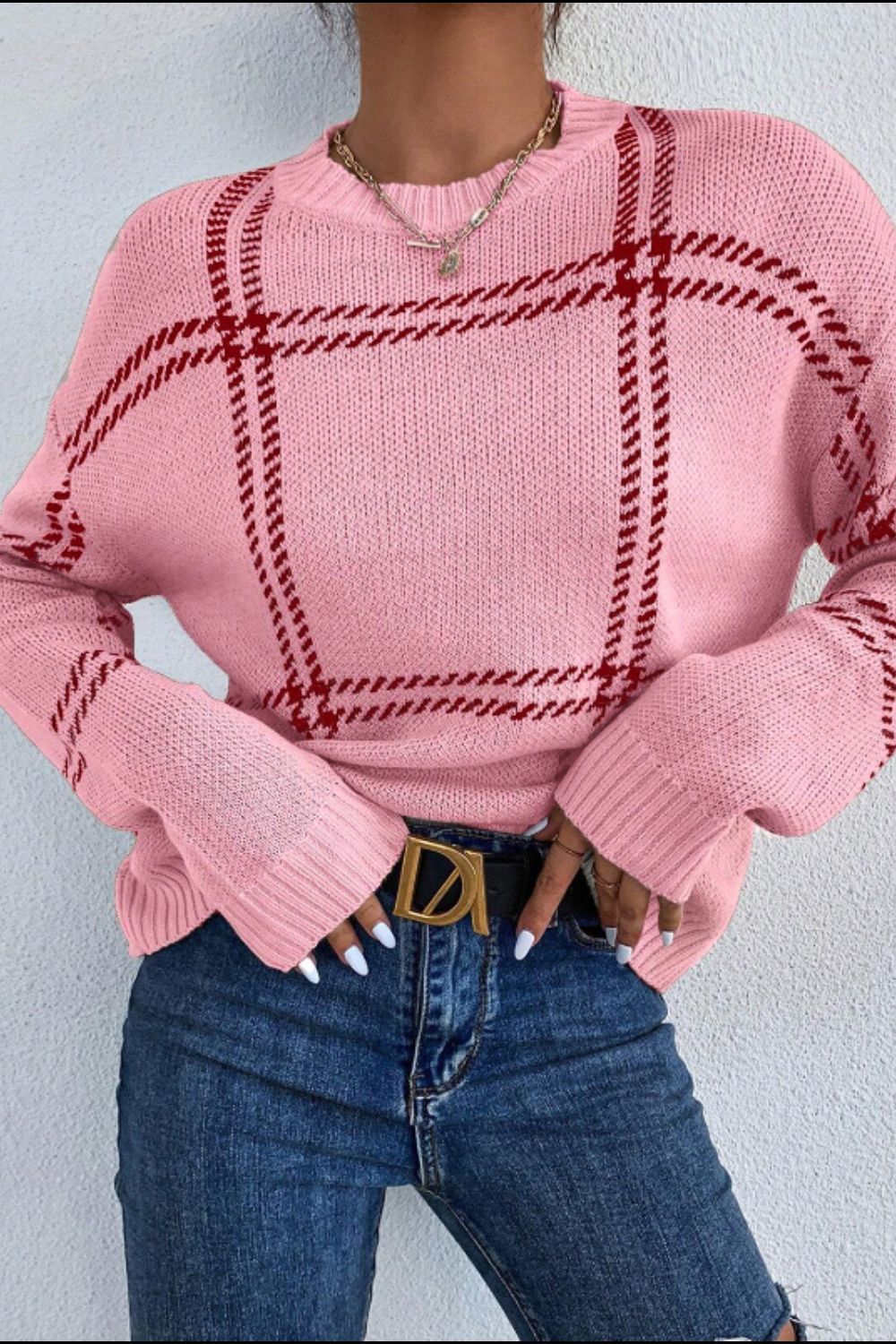 Contrast Round Neck Long Sleeve Sweater - Blush Pink / S