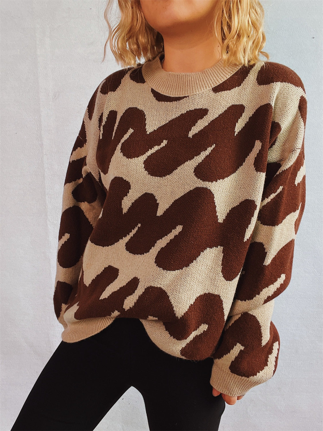 Contrast Round Neck Long Sleeve Sweater - Dark Brown / One Size