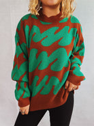 Contrast Round Neck Long Sleeve Sweater - Dark Green / One Size