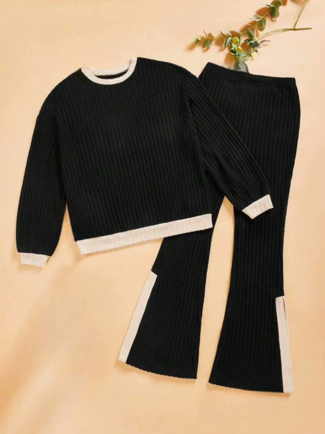 Contrast Round Neck Long Sleeve Top and Bootcut Pants Set - Black / S
