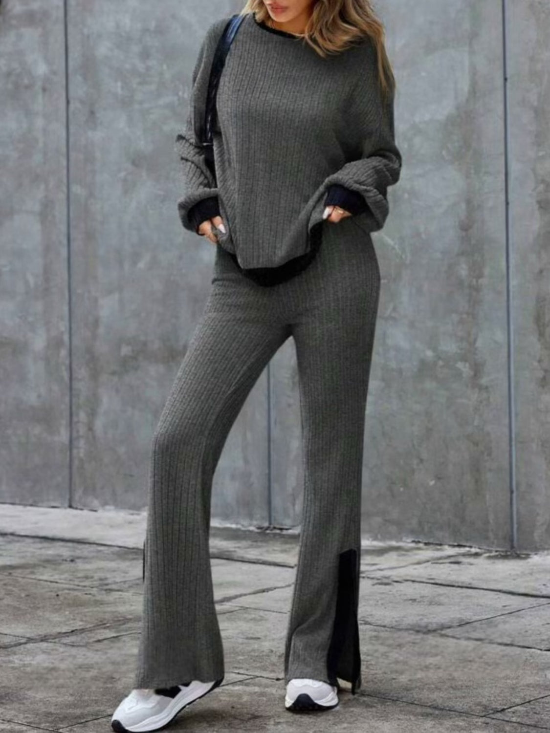 Contrast Round Neck Long Sleeve Top and Bootcut Pants Set - Gray / S
