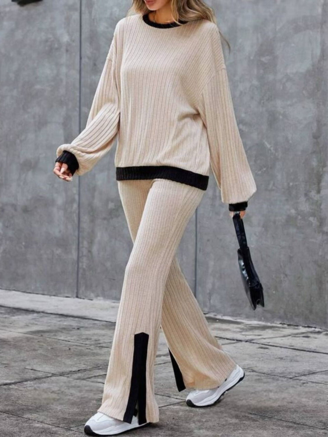 Contrast Round Neck Long Sleeve Top and Bootcut Pants Set - Tan / S