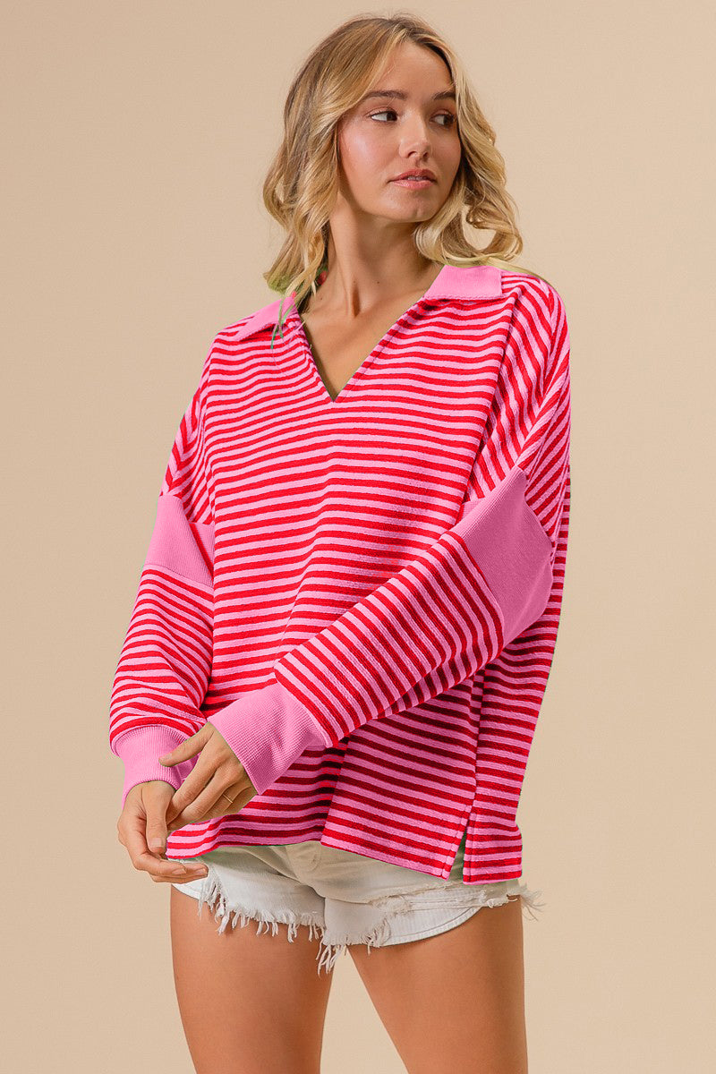 Contrast Striped Collar Long Sleeve