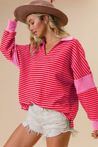 Contrast Striped Collar Long Sleeve - Pink / S