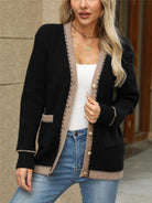 Contrast Trim Button Up Long Sleeve Cardigan