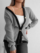 Contrast Trim Button Up Long Sleeve Cardigan - Gray / One Size