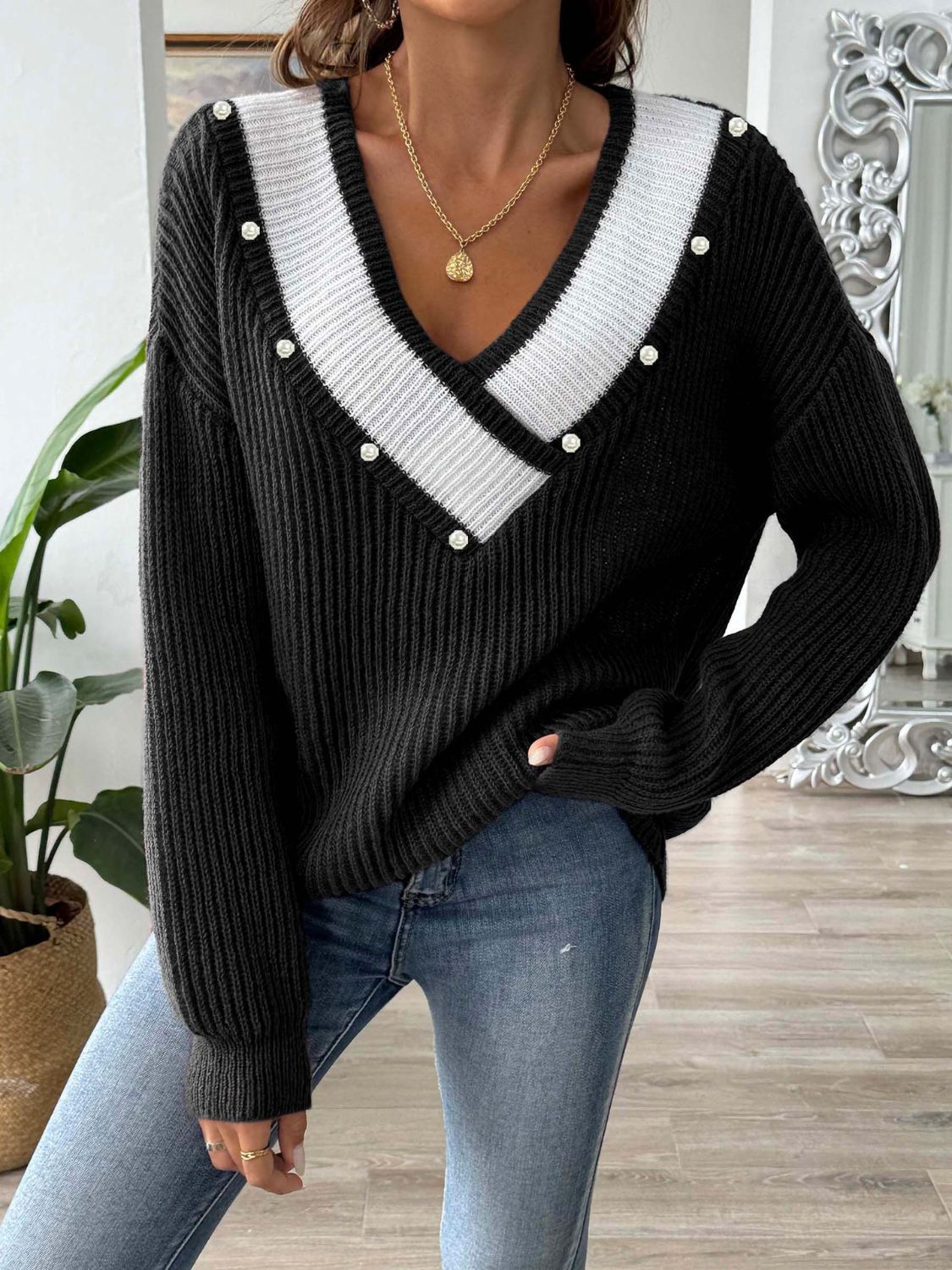 Contrast Trim Dropped Shoulder Long Sleeve Sweater - Black / One Size