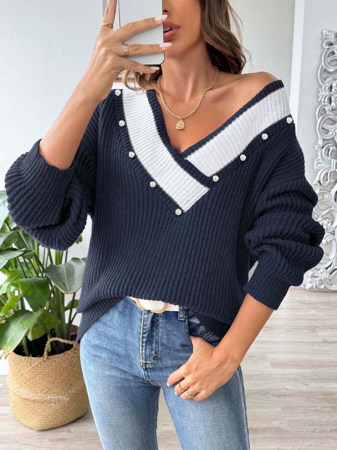 Contrast Trim Dropped Shoulder Long Sleeve Sweater - Dark Blue / One Size