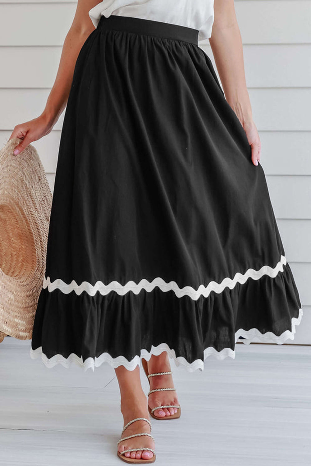 Contrast Trim Elastic Waist Skirt - Black / S