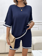 Contrast Trim Round Neck Top and Shorts Set - Dark Blue / S