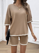 Contrast Trim Round Neck Top and Shorts Set - Mocha / S