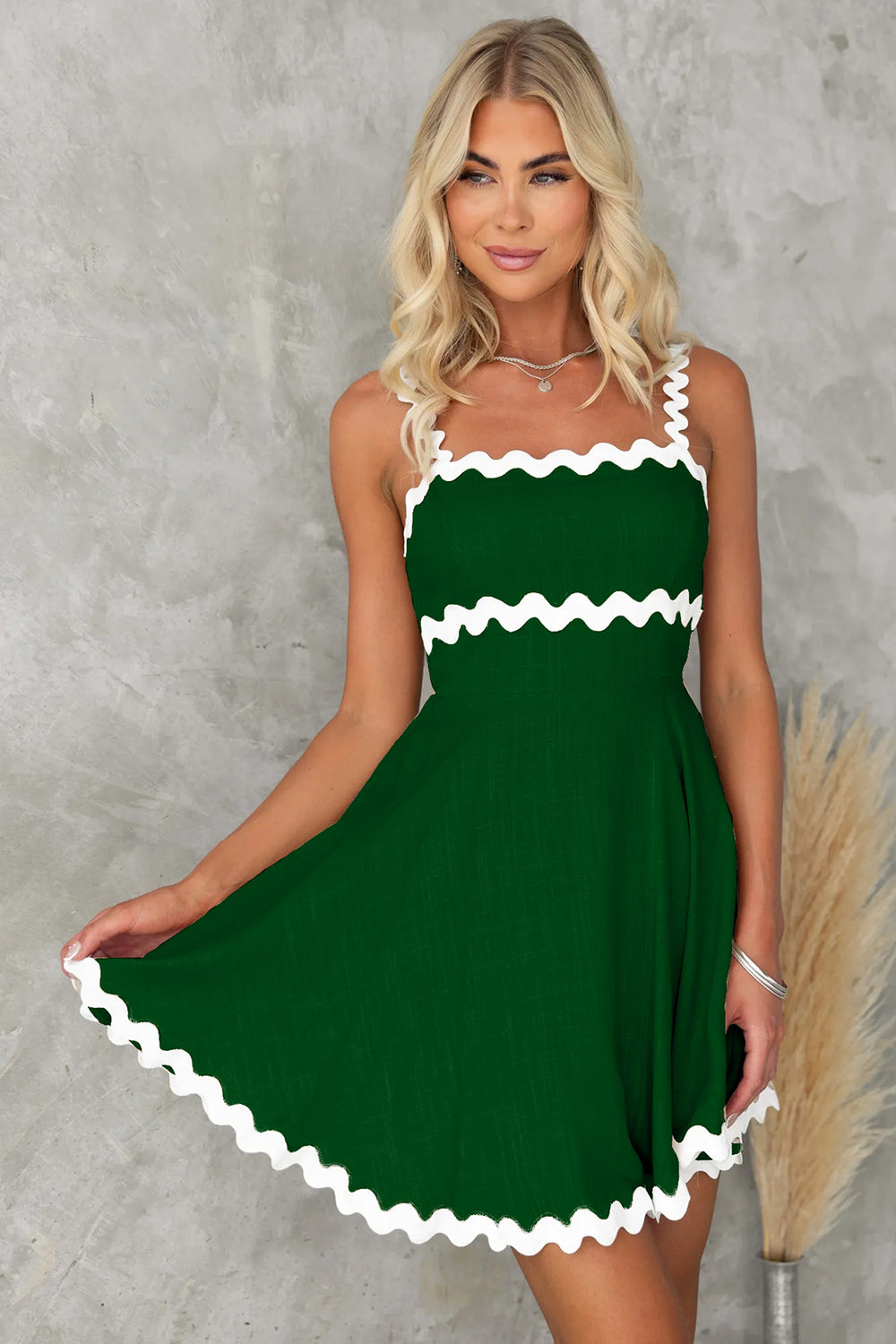 Contrast Trim Square Neck Mini Dress - Dark Green / S