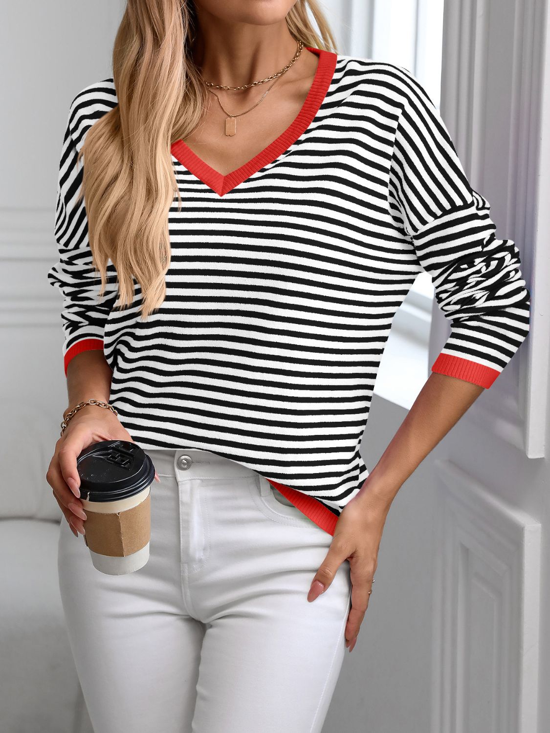 Contrast Trim Striped V-Neck Long Sleeve Knit Top - Black/Red / S