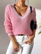 Contrast Trim V-Neck Long Sleeve Sweater - Dusty Pink / S