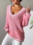 Contrast Trim V-Neck Long Sleeve Sweater - Dusty Pink / S