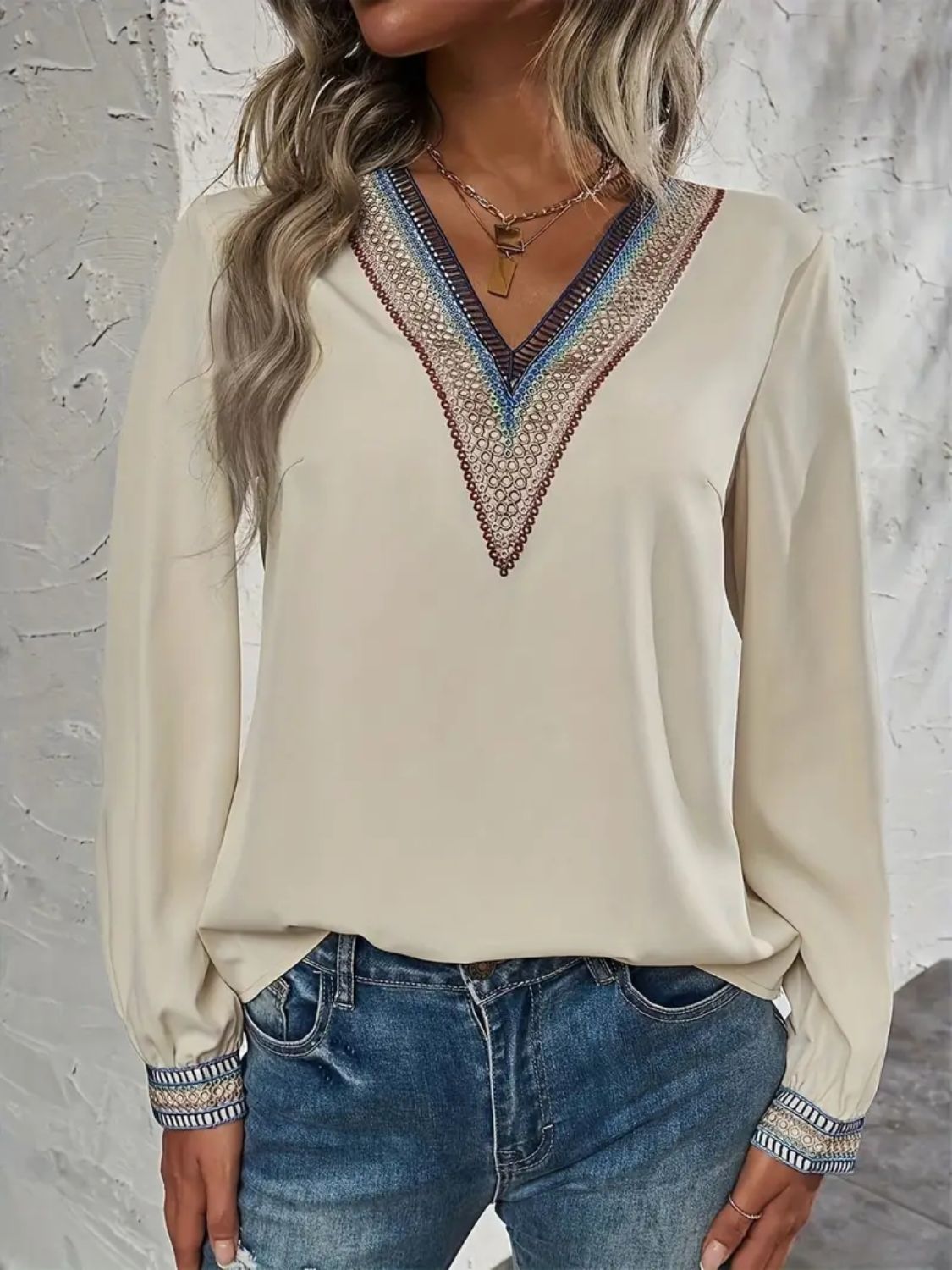 Contrast V-Neck Long Sleeve Blouse - Beige / S
