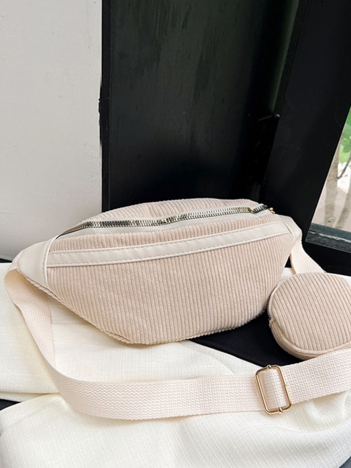 Corduroy Adjustable Strap Crossbody Bag with Pouch - Beige / One Size