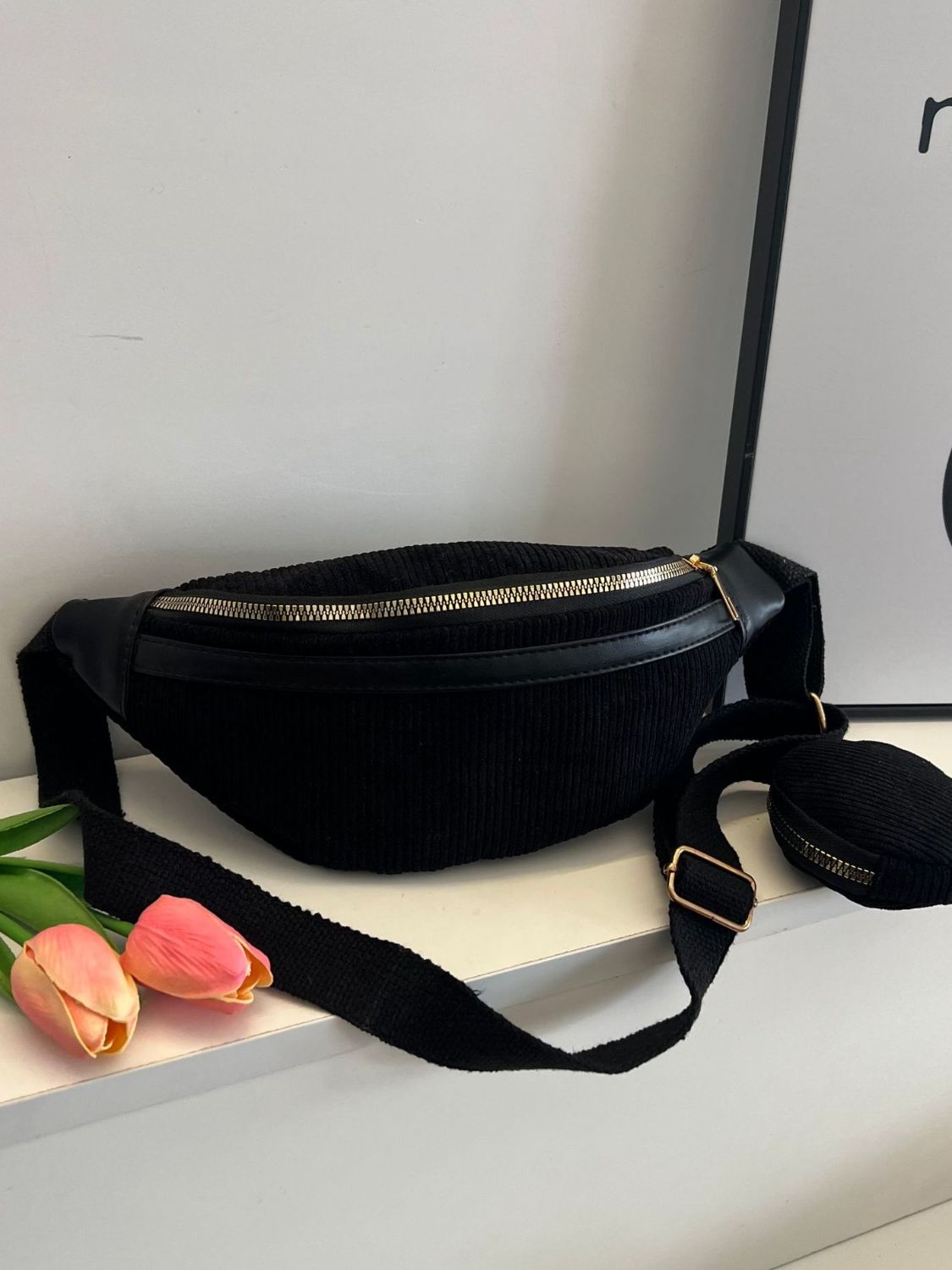 Corduroy Adjustable Strap Crossbody Bag with Pouch - Black / One Size