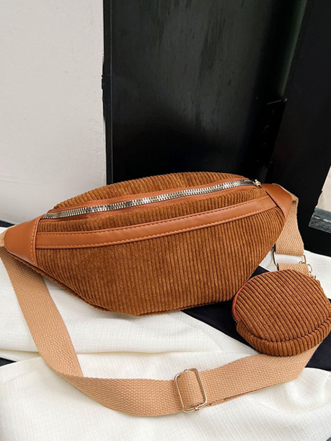 Corduroy Adjustable Strap Crossbody Bag with Pouch - Caramel / One Size