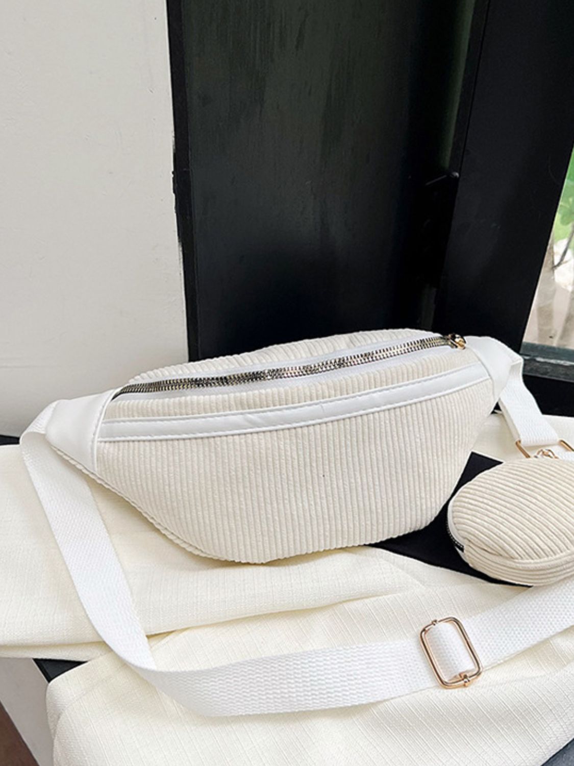 Corduroy Adjustable Strap Crossbody Bag with Pouch - White / One Size