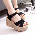 Crisscross Open Toe Wedge Sandals - Black / 34(US3)