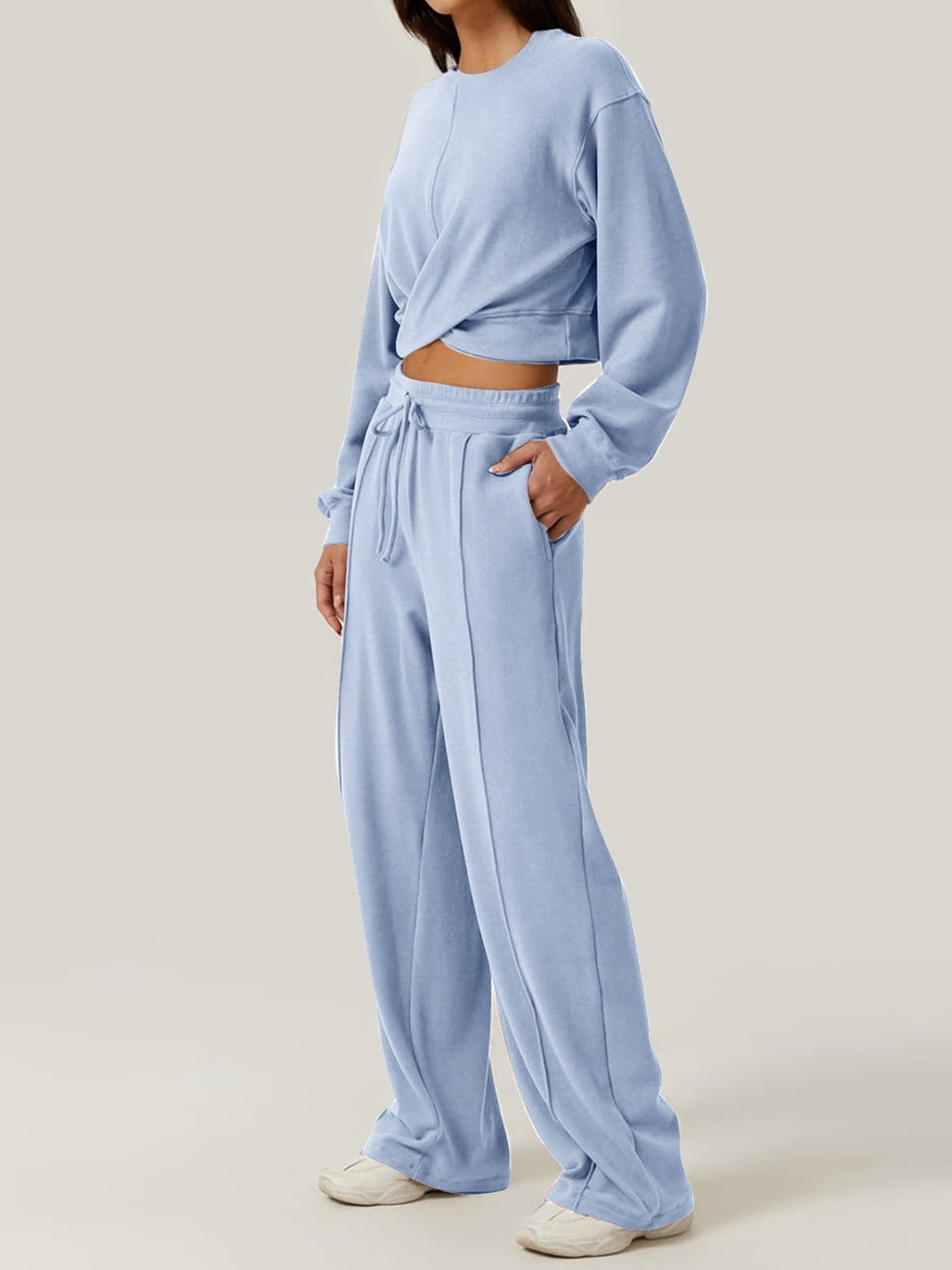 Crisscross Round Neck Top and Drawstring Pants Set - Light Blue / S