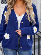 Crochet Flower Button Up Cardigan - Navy / S