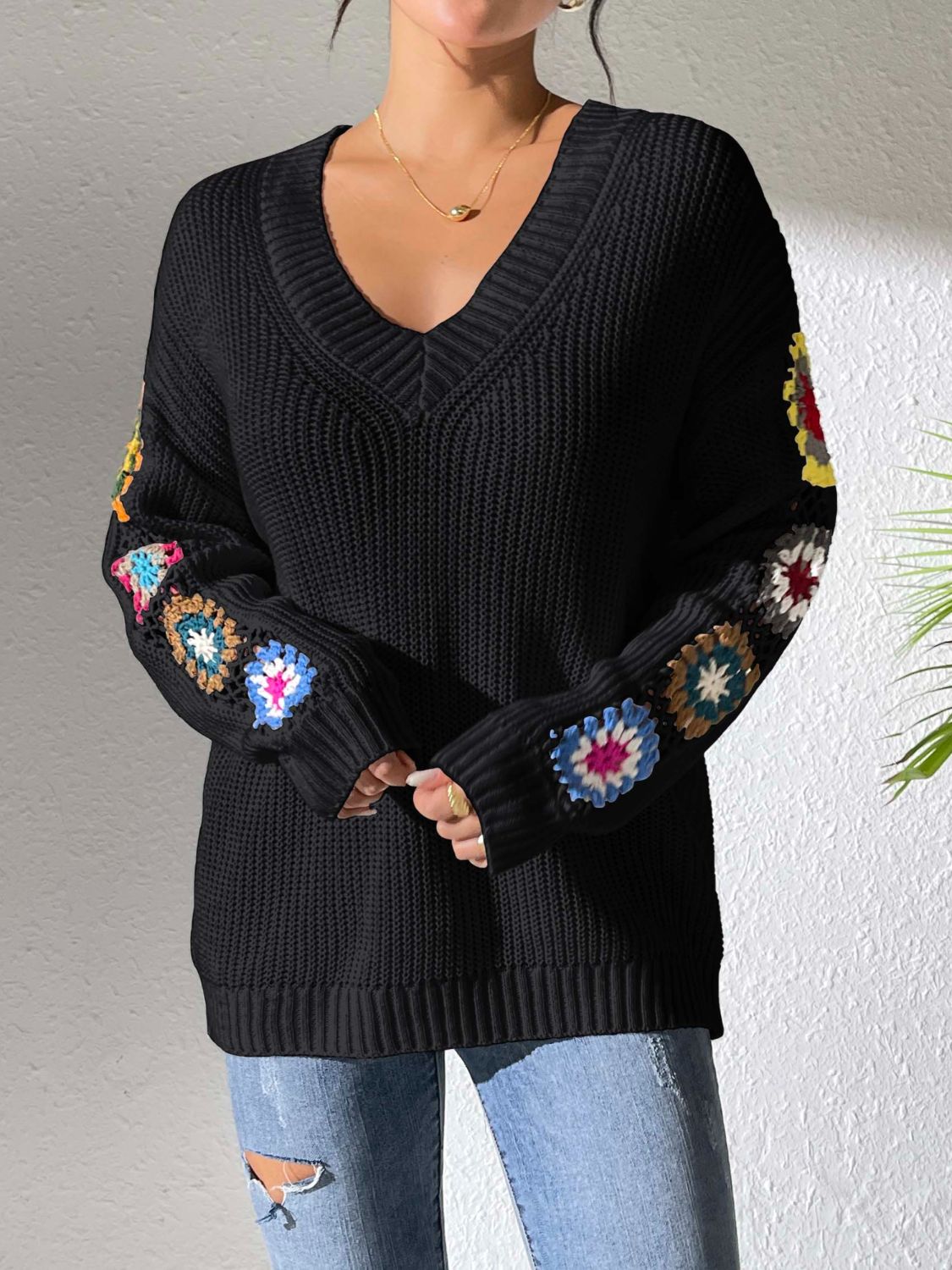 Crochet Flower V-Neck Sweater - Black / S