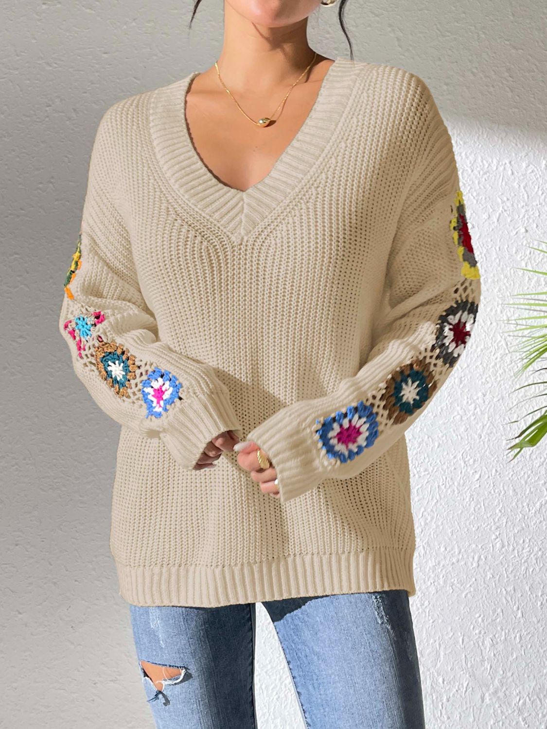 Crochet Flower V-Neck Sweater - Tan / S