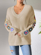 Crochet Flower V-Neck Sweater - Tan / S