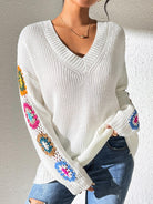 Crochet Flower V-Neck Sweater - White / S