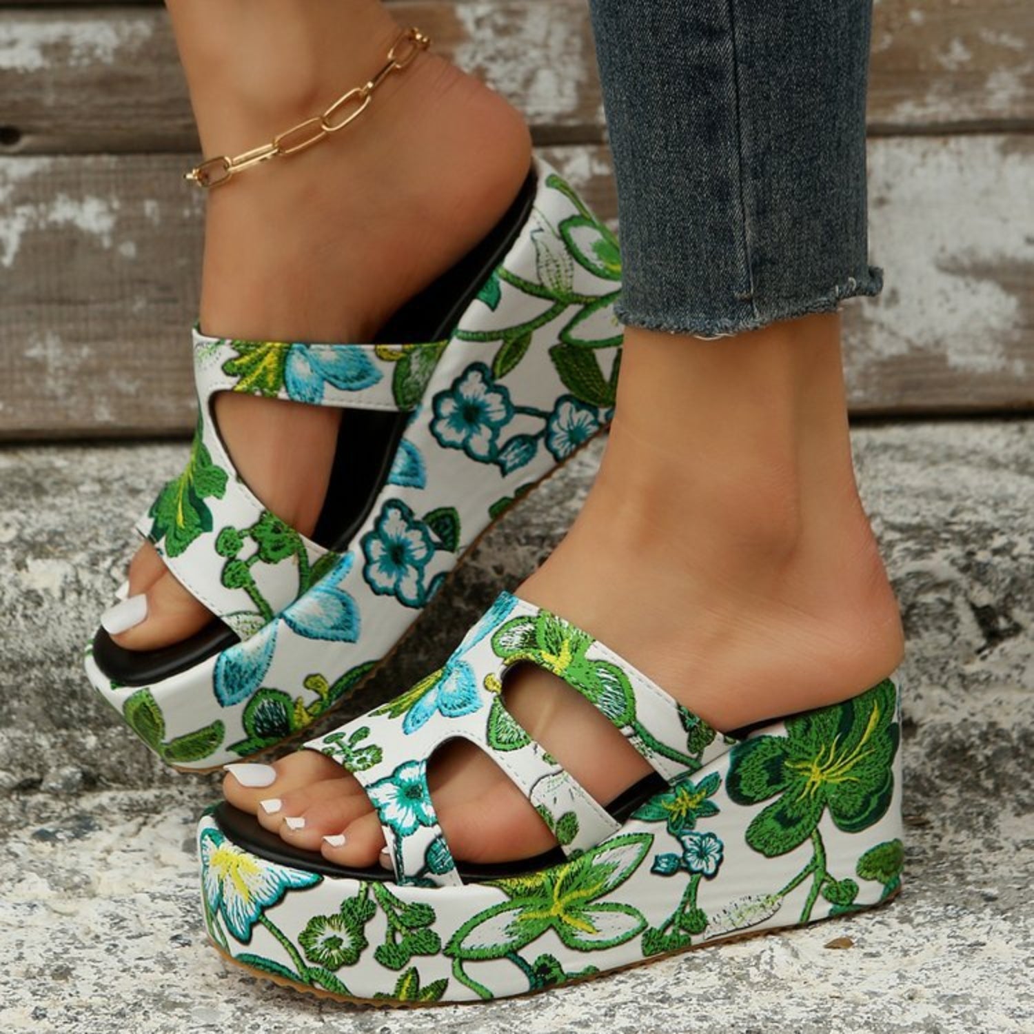 Cutout Floral Peep Toe Sandals - Green / 35(US4)