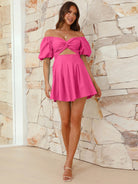 Cutout Twisted Off-Shoulder Short Sleeve Dress - Hot Pink / S