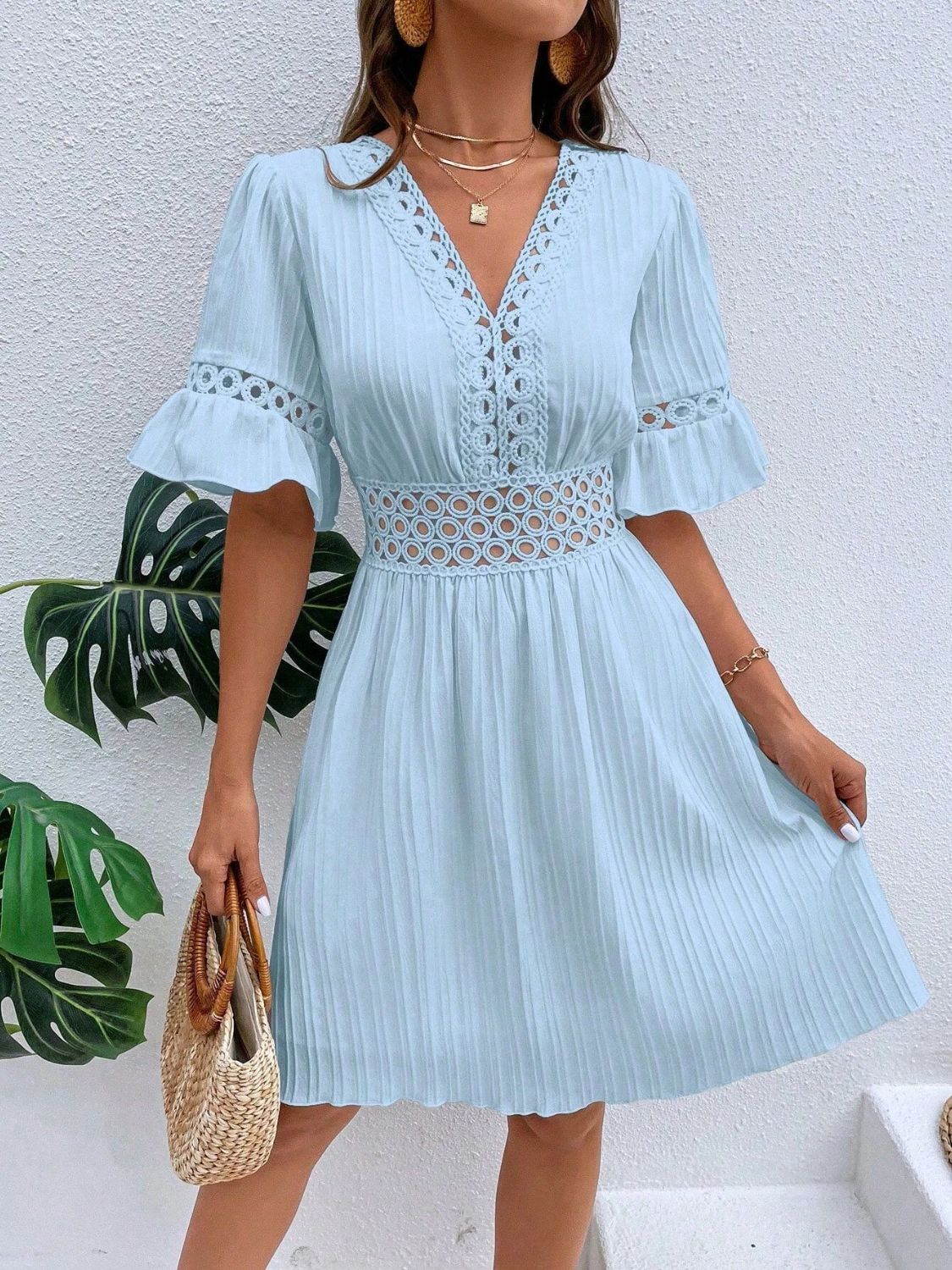 Cutout V-Neck Flounce Sleeve Mini Dress - Light Blue / S