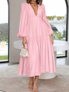 Deep V-Neck Balloon Sleeve Plain Maxi Dress - Blush Pink / S