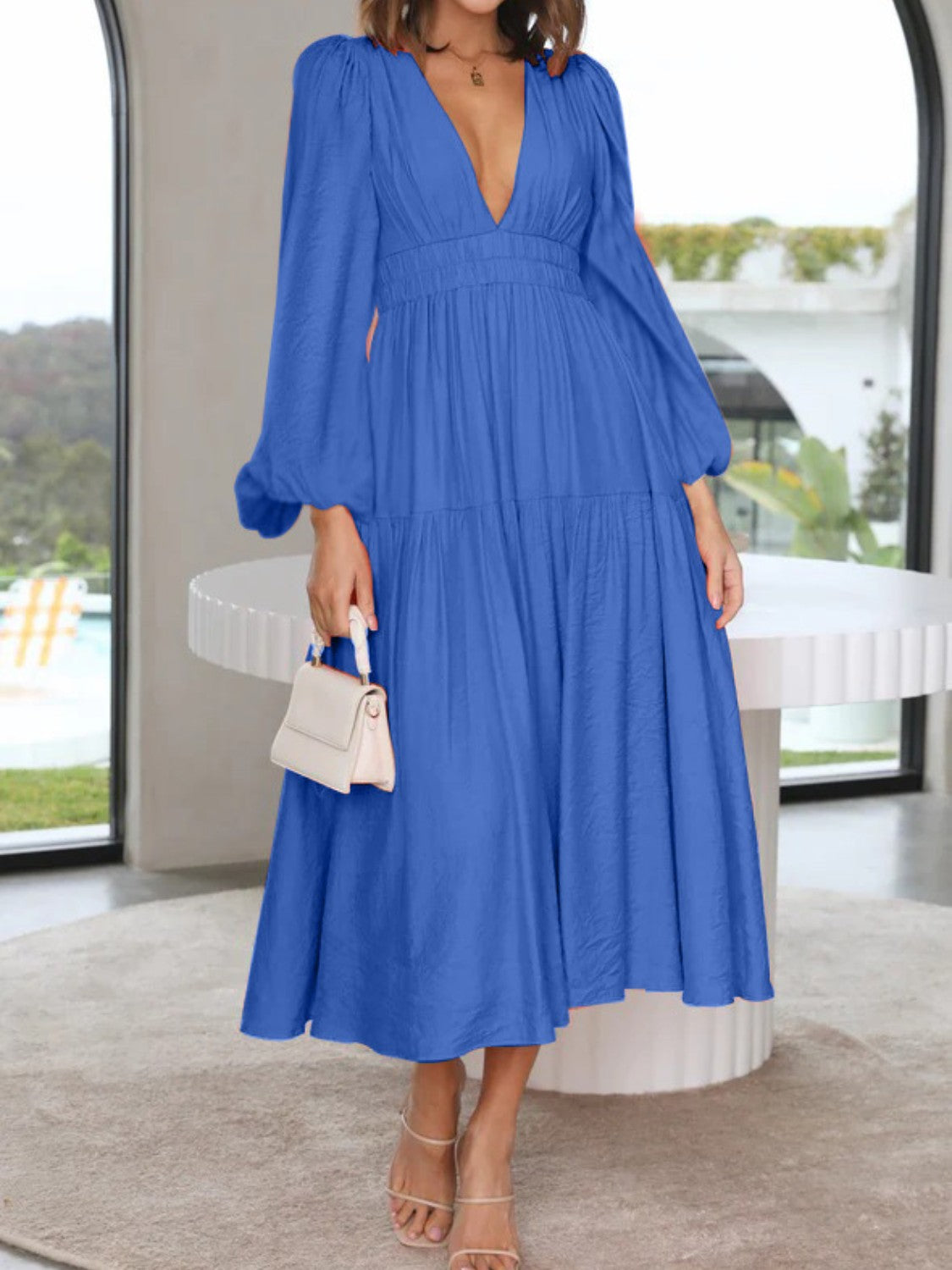 Deep V-Neck Balloon Sleeve Plain Maxi Dress - Cobalt Blue / S