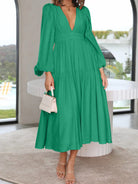 Deep V-Neck Balloon Sleeve Plain Maxi Dress - Green / S